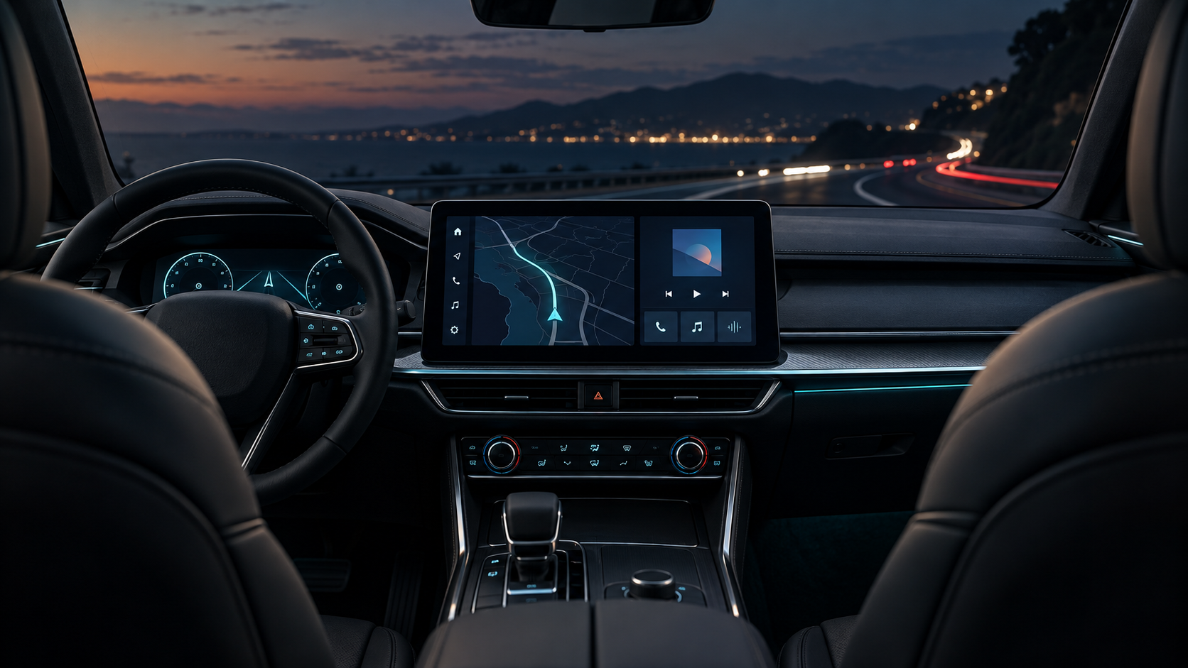 Modern vehicle cockpit with an installed center navigation screen